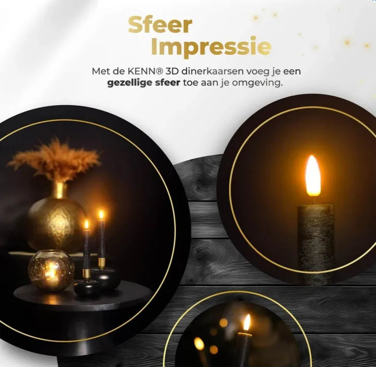 Set of four black flameless LED taper candles with realistic 3D flickering flames.