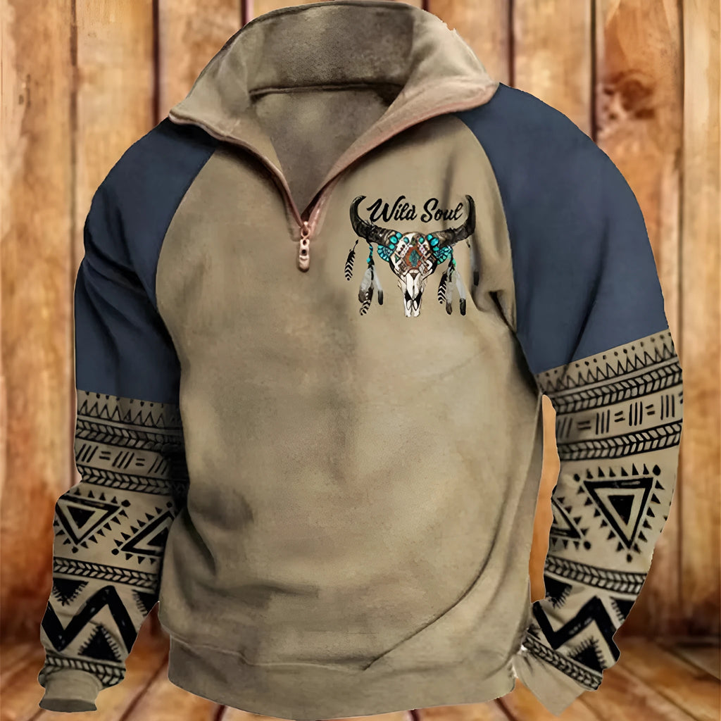 Men's digital print stand collar zip-up hoodie in loose fit, front view, no hood, long sleeves