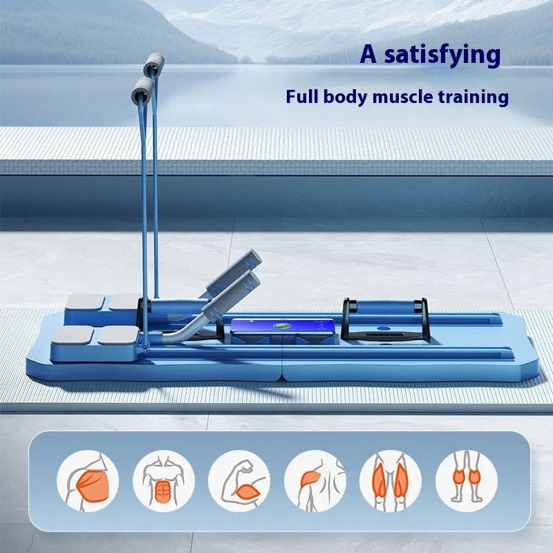 Blue and pink multi-functional five-in-one fitness board with abdominal wheel