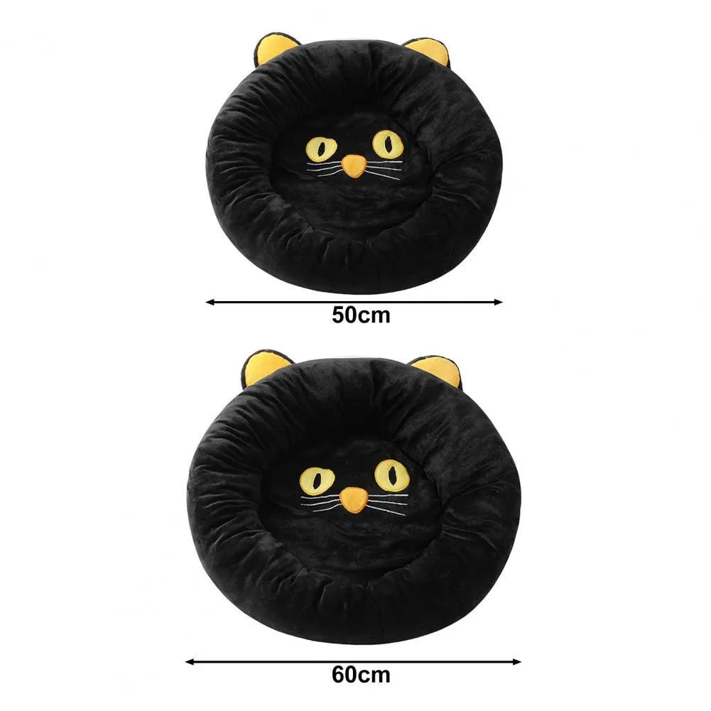 Black cat-shaped velvet pet nest bed with raised edges in two size options