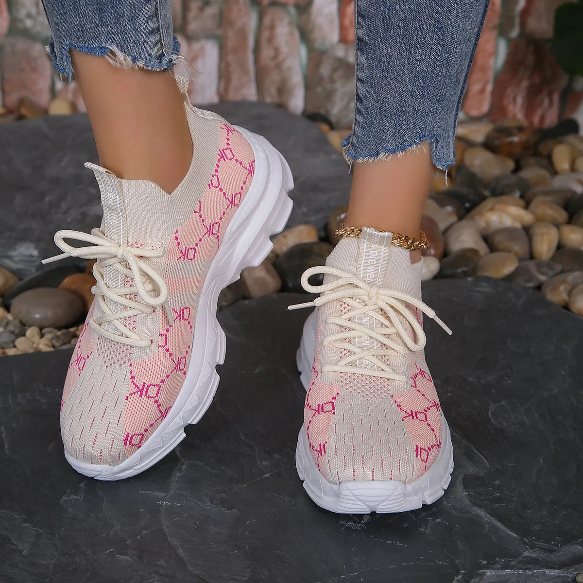 Women's breathable mesh lace-up sneakers in Light Brown with round toe and rubber sole