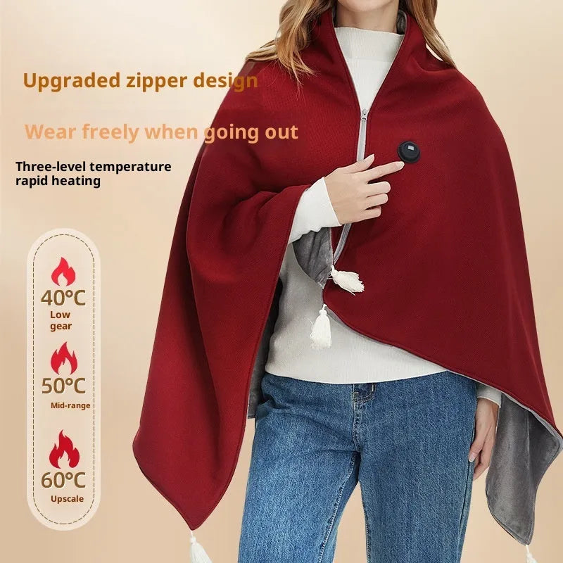 Solid-colour polyester heated shawl blanket in green, red, or beige with 4000mAh or 5000mAh power bank