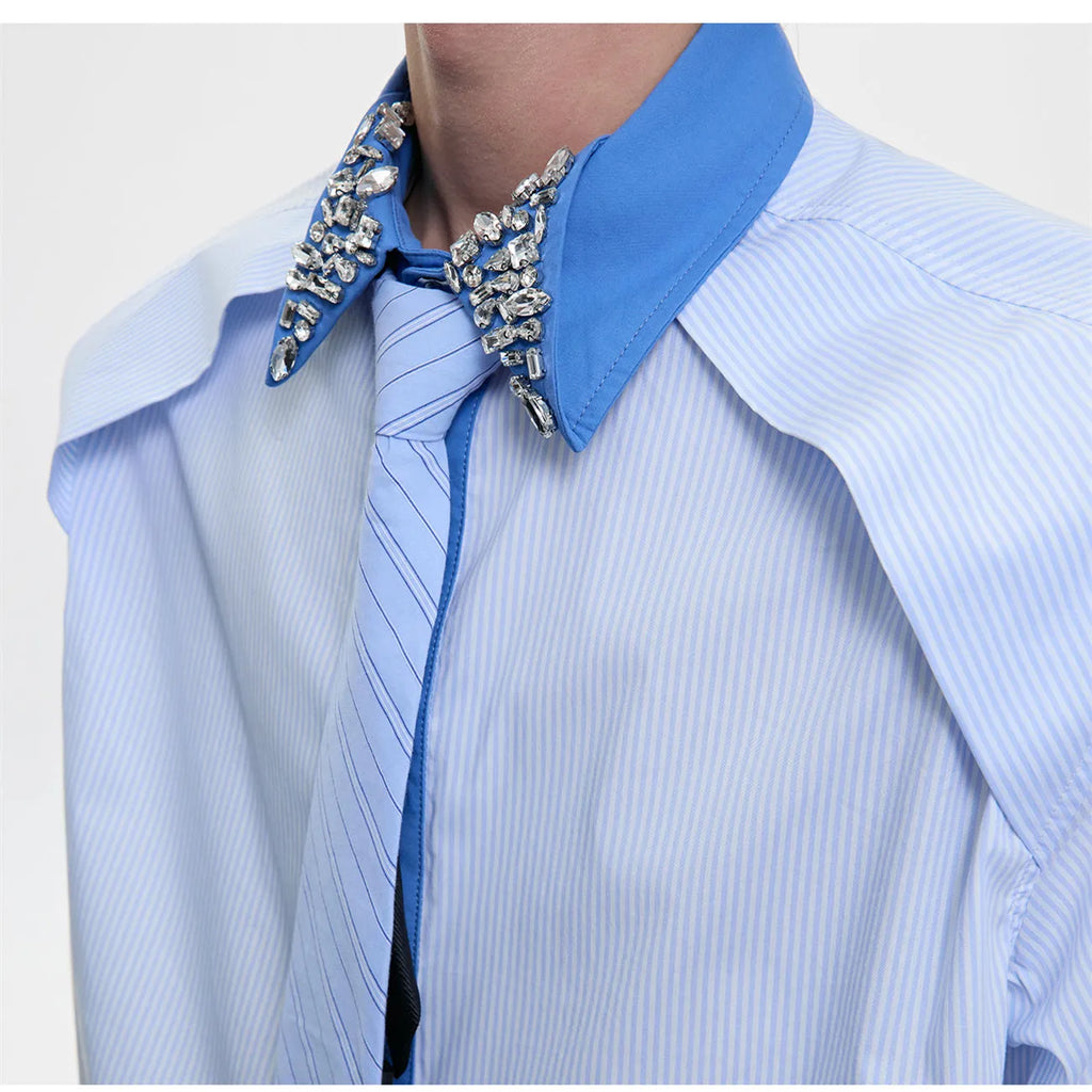 Men's blue and khaki loose fit shirt with diamond tie and patchwork striped pattern.