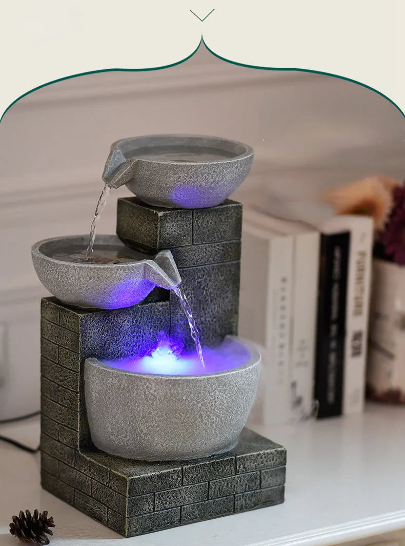 Modern desktop fountain humidifier hand painted resin waterscape light grey 25x21x43cm