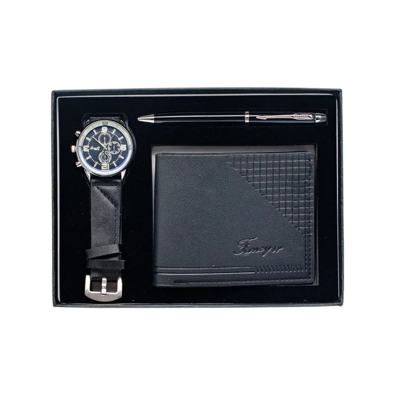 Creative holiday gift set showing wallet, pen, and watch in gift box with black or brown colour options
