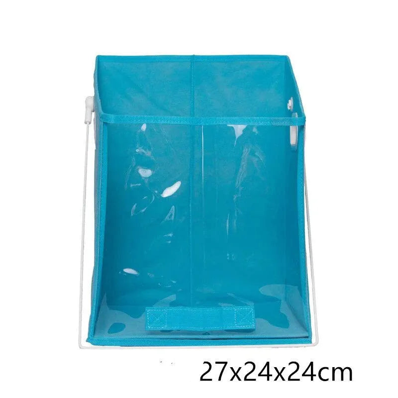 Blue folding storage basket with clear front panel on a wooden shelf, shown next to its folded flat state.
