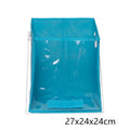Blue folding storage basket with clear front panel on a wooden shelf, shown next to its folded flat state.