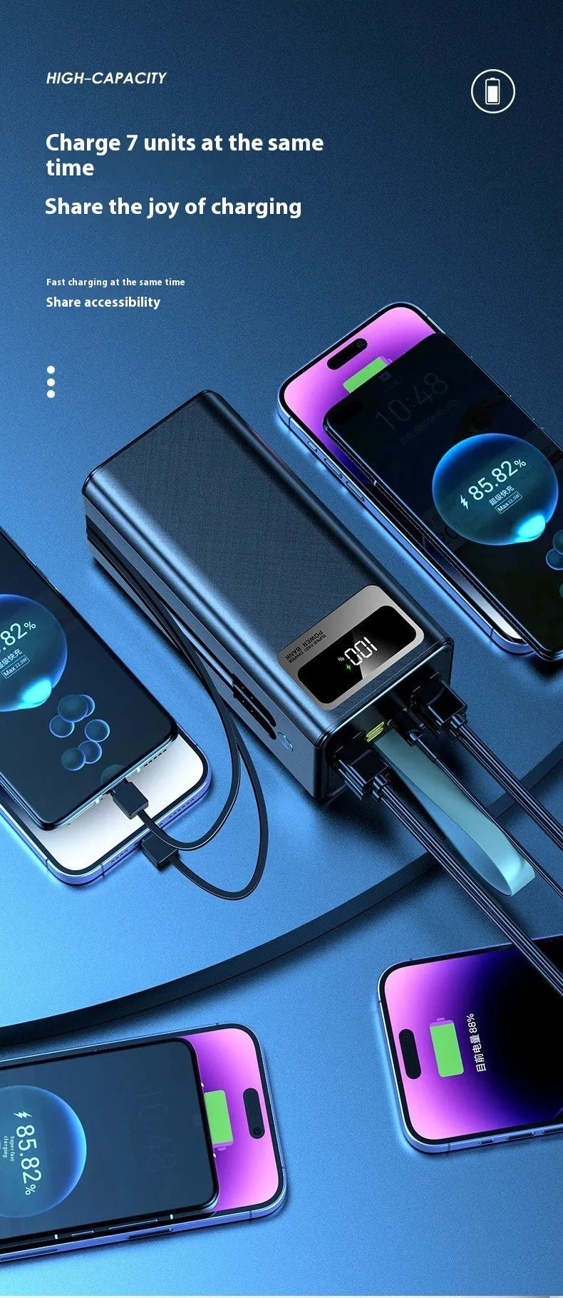 Large capacity portable power bank with super fast charging, plastic shell, 100000 MA, industrial style, Samurai Black