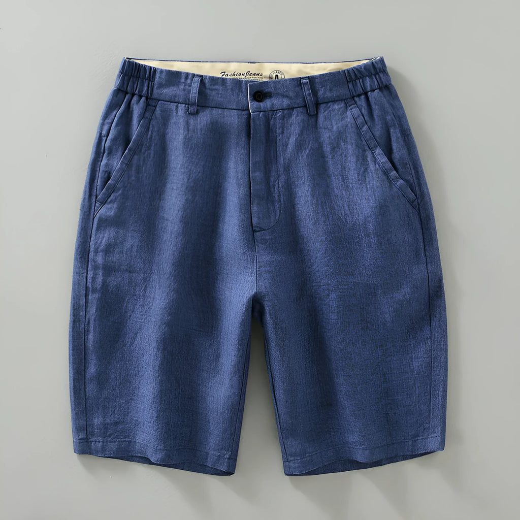 Men's loose linen shorts in blue, light blue, and raw jute colour, sizes M to 3XL, retro fifth-pant length