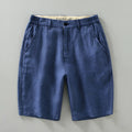 Men's loose linen shorts in blue, light blue, and raw jute colour, sizes M to 3XL, retro fifth-pant length