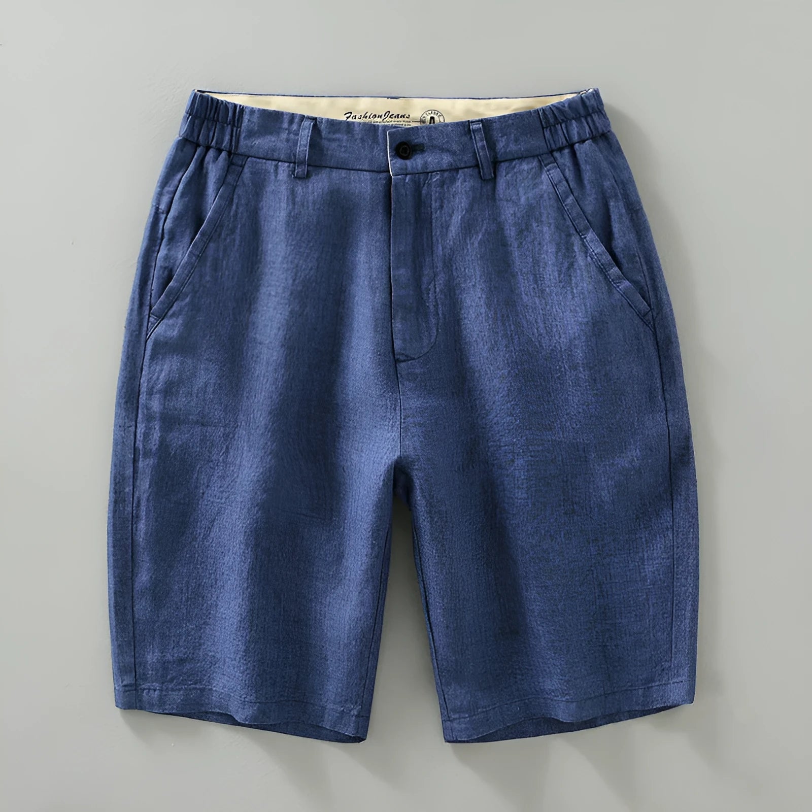 Men's loose linen shorts in blue, light blue, and raw jute colour, sizes M to 3XL, retro fifth-pant length