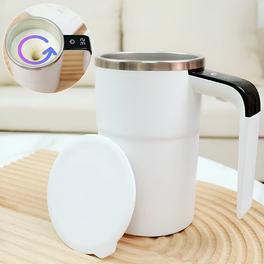 Black and white USB rechargeable electric coffee mug with LCD display and magnetic stirrer