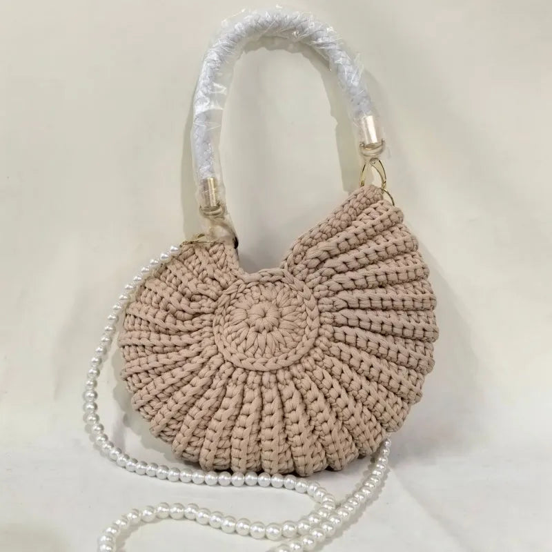 Round handmade woven crossbody bag with pearl chain strap, 25x25cm, polyester, multiple colour options