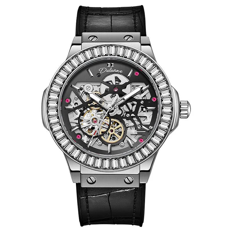 Men's automatic mechanical watch with hollow movement, diamond studs on white shell case, and a black dial.