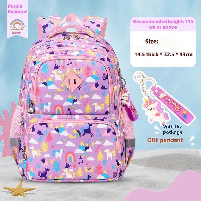 Blue children's waterproof school backpack with dinosaur pattern and curved shoulder straps.