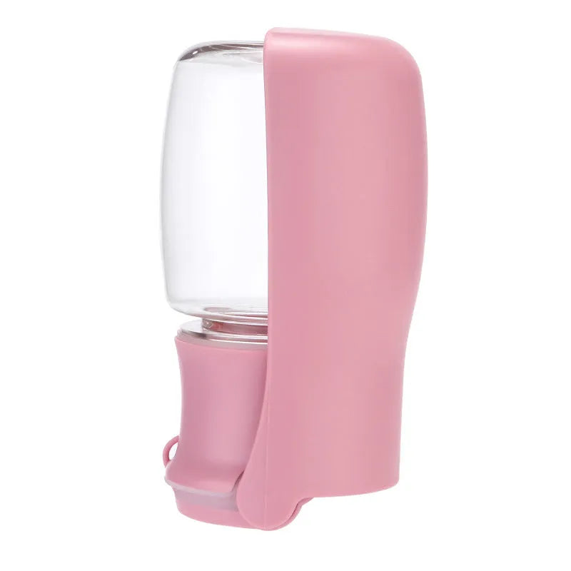 Foldable dog water bottle with dispenser in blue, pink or white colours showing collapsed and expanded states