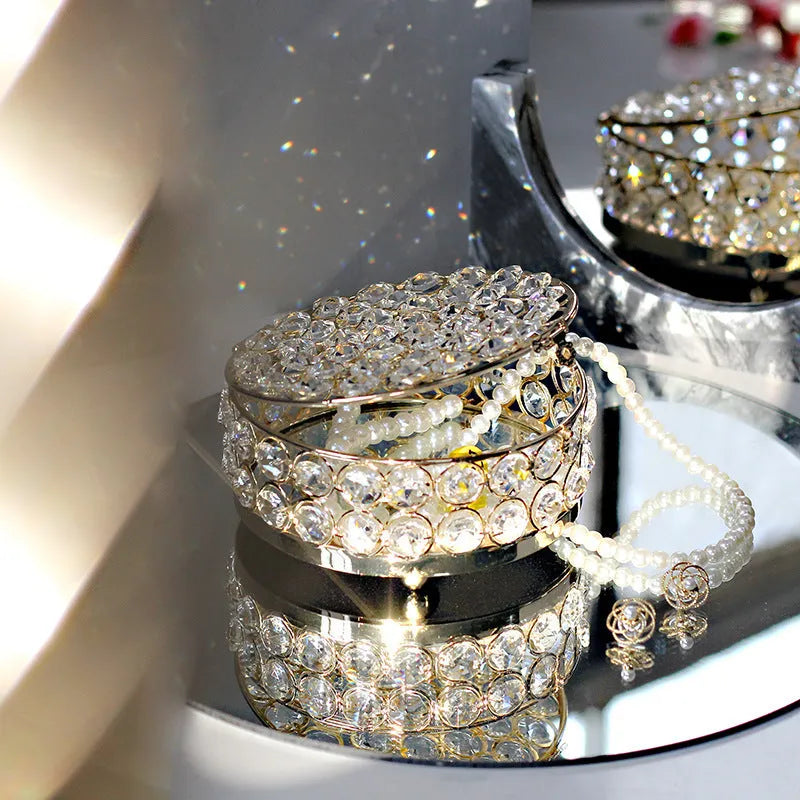 French gold iron frame crystal glass transparent jewelry storage box European style.