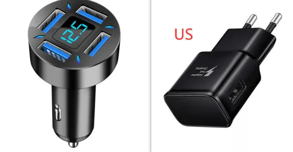 Four-port USB car charger with digital LED display for use in vehicles