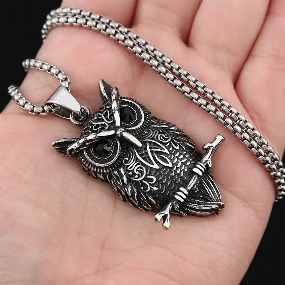 Titanium steel men's necklace with polished black eye owl pendant on O-link chain