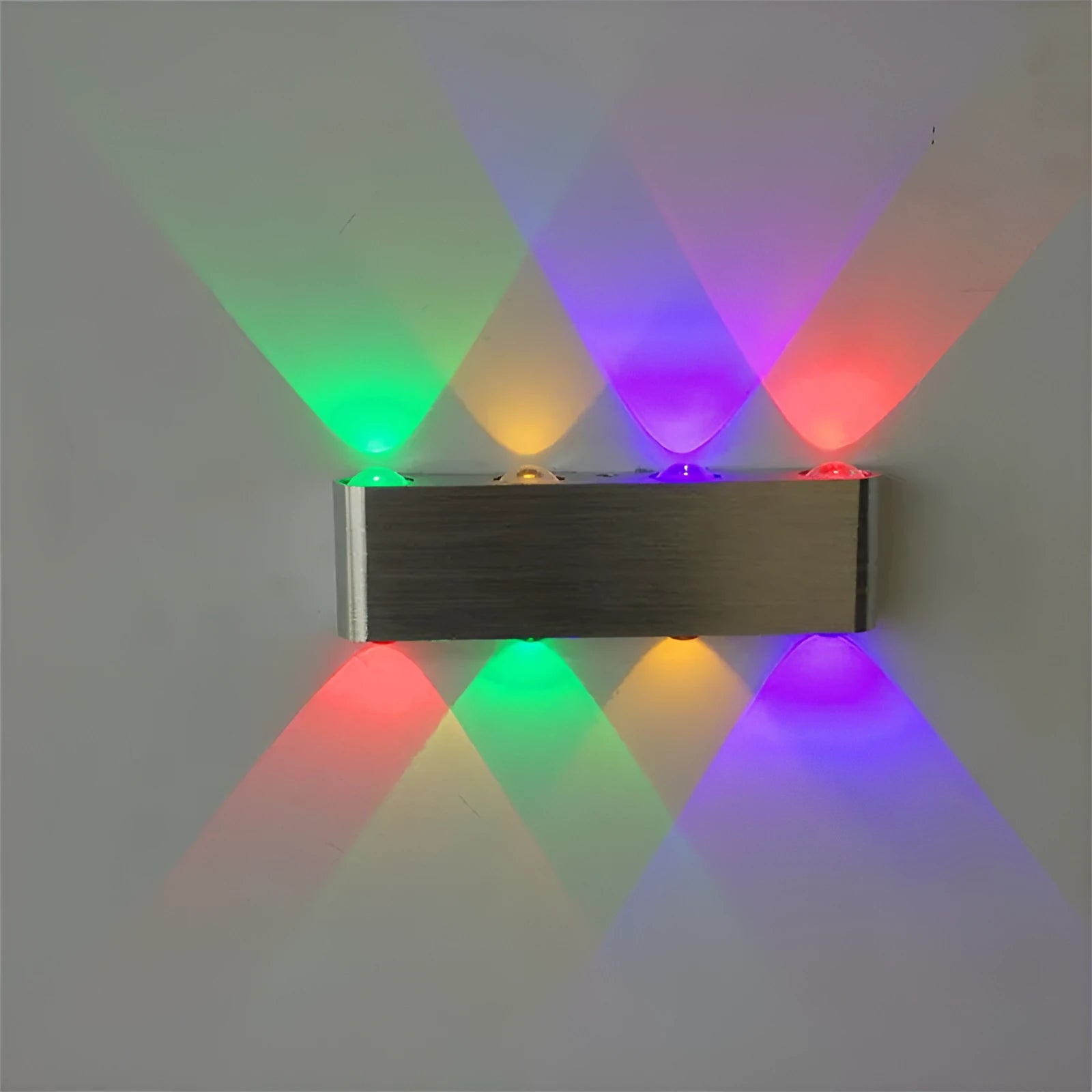 Silver aluminium rectangular LED wall lamp showing seven light colour options including blue, green, and warm white