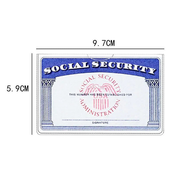 Clear transparent PVC ID card holder for social security card, shown with dimensions 9.7cm by 5.9cm.