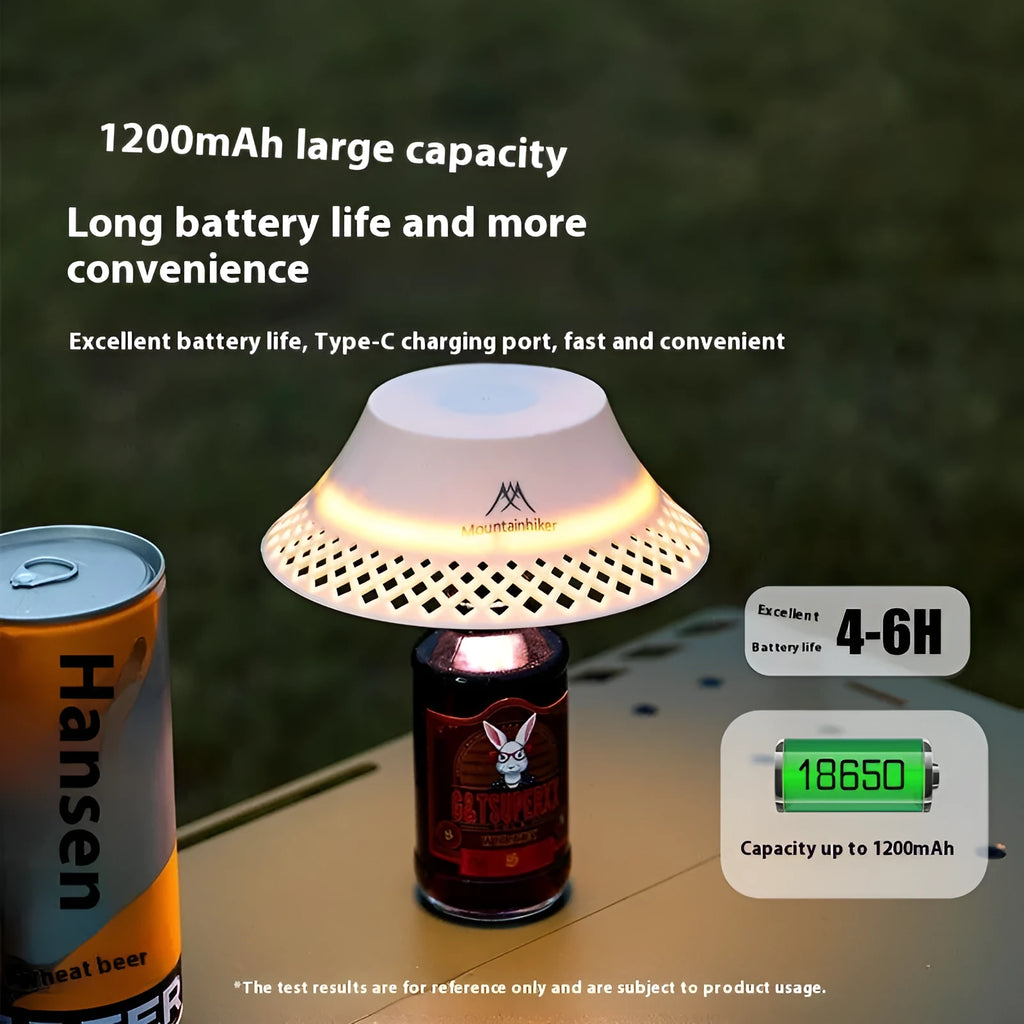 Beige wine bottle camping lantern with USB-C port and gear switch for light modes on wooden table.
