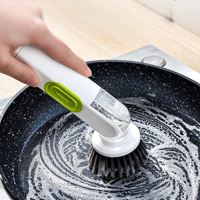 Long-handle kitchen cleaning brush with liquid dispenser and two brush heads in white and green