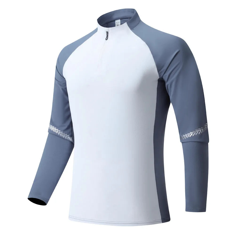 Men's long sleeve half zip stand collar workout top in solid colour, polyester, sizes S to XXXL