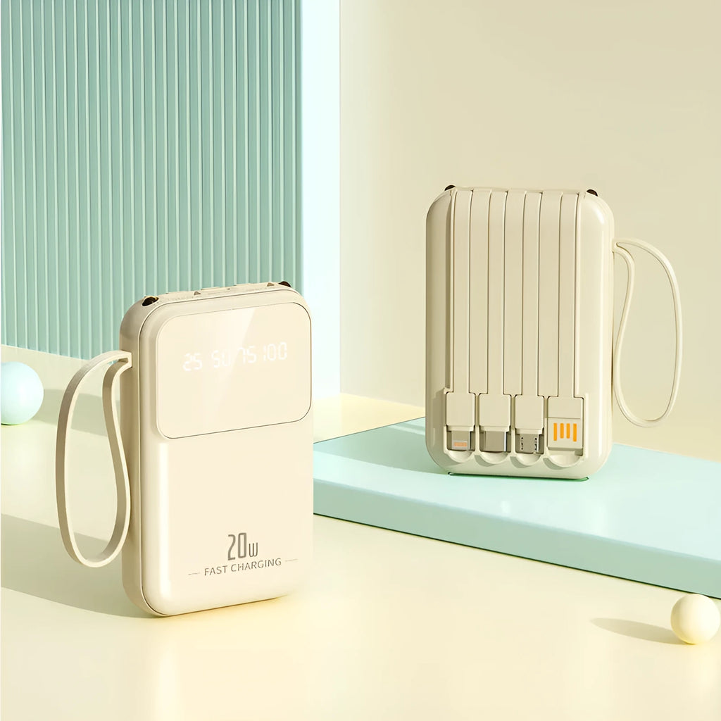 Large capacity 20000 mA mini power bank with plastic shell in beige colour screen option, compact size 101.5 x 66 x 28 mm