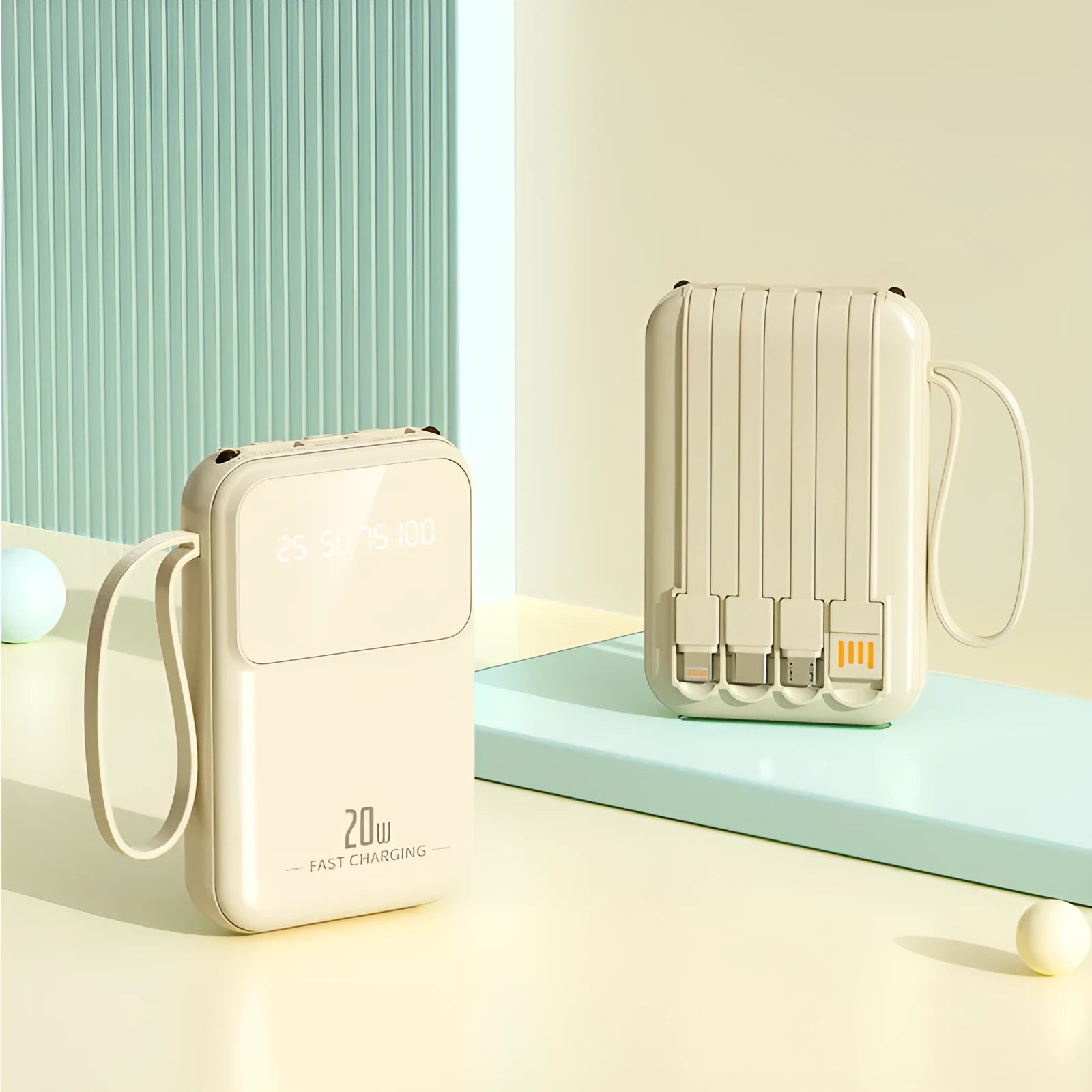 Large capacity 20000 mA mini power bank with plastic shell in beige colour screen option, compact size 101.5 x 66 x 28 mm