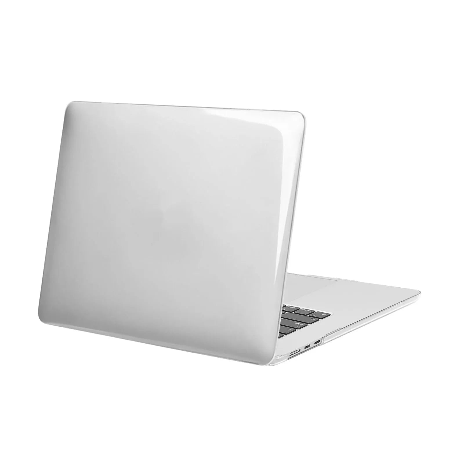 Transparent plastic protective shell case for a MacBook laptop on a table.
