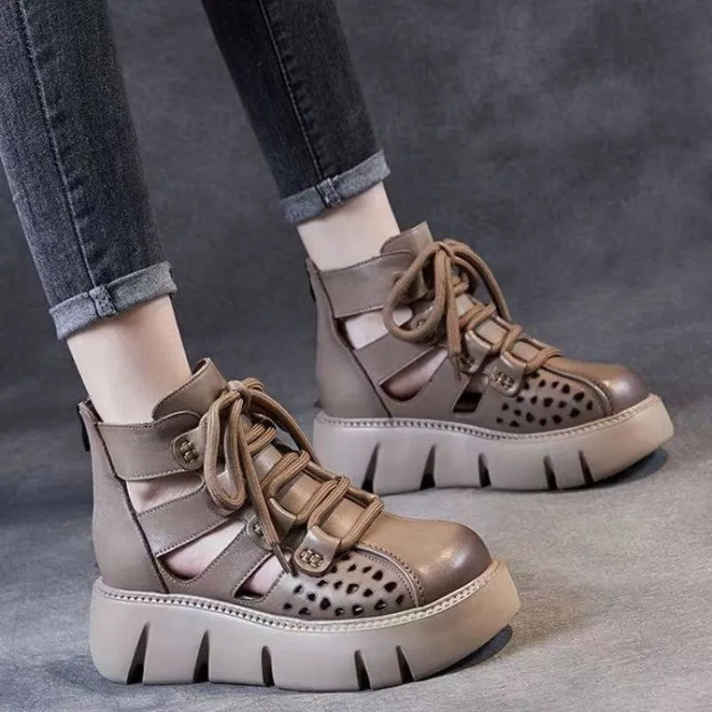 Women's platform sandals with hollow hole design in soft cowhide leather, showing fish mouth toe shape