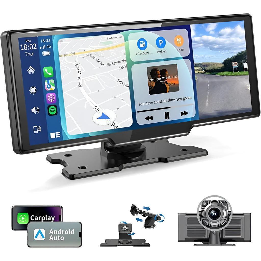 Black 10.26-inch touch screen car navigation and dual lens dash cam mounted on a windscreen.