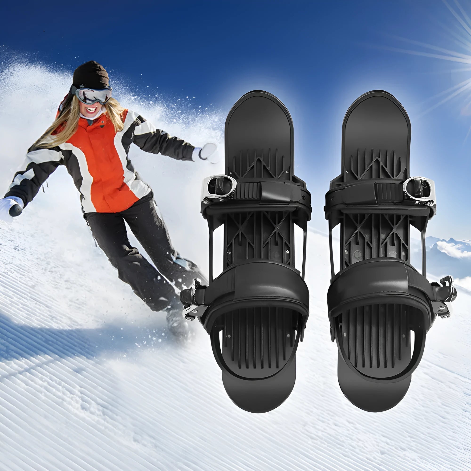 Green and black mini ski skates made from ABS plastic, nylon, and aluminium alloy on snow