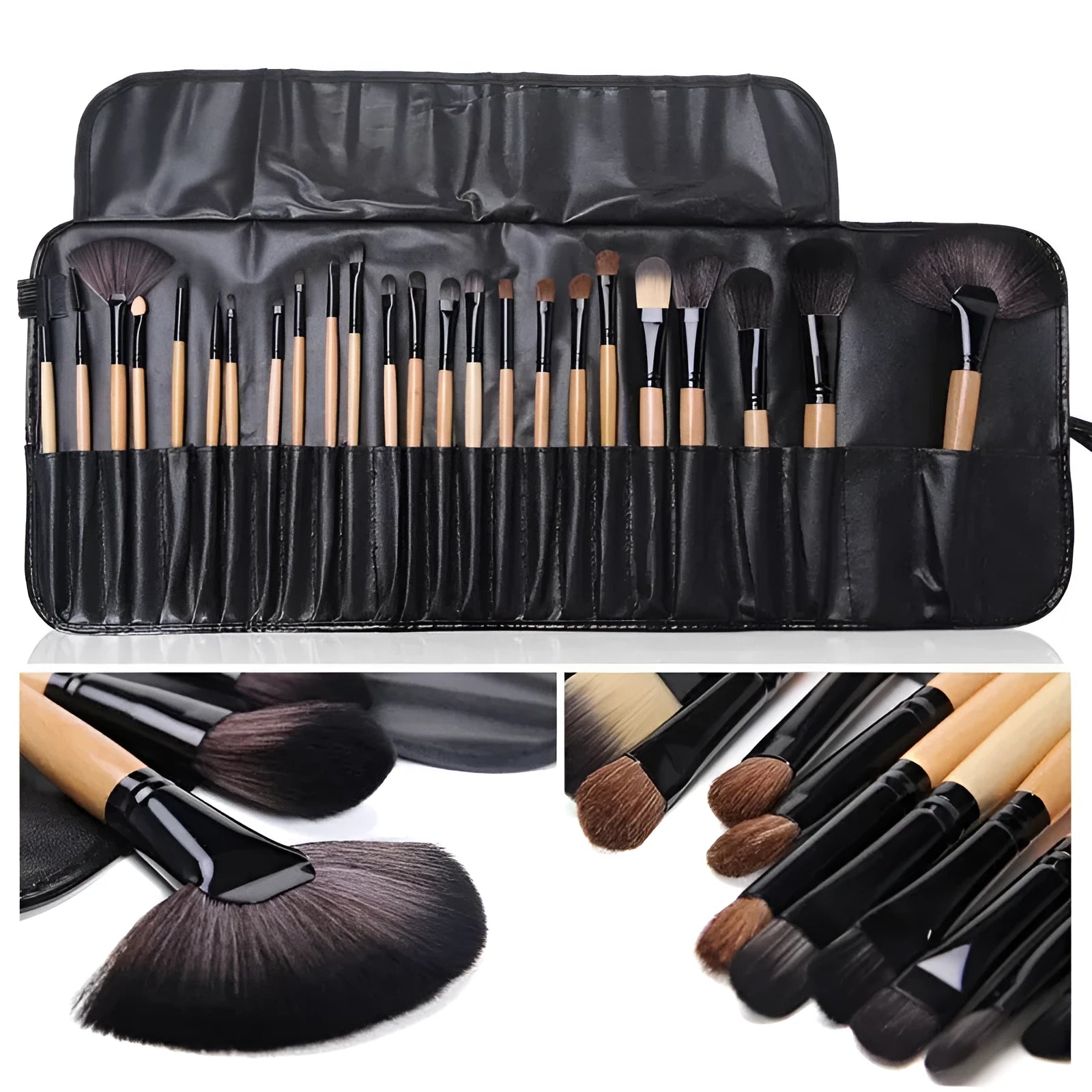 24 professional makeup brushes with wooden handles stored in a black PU gift bag.