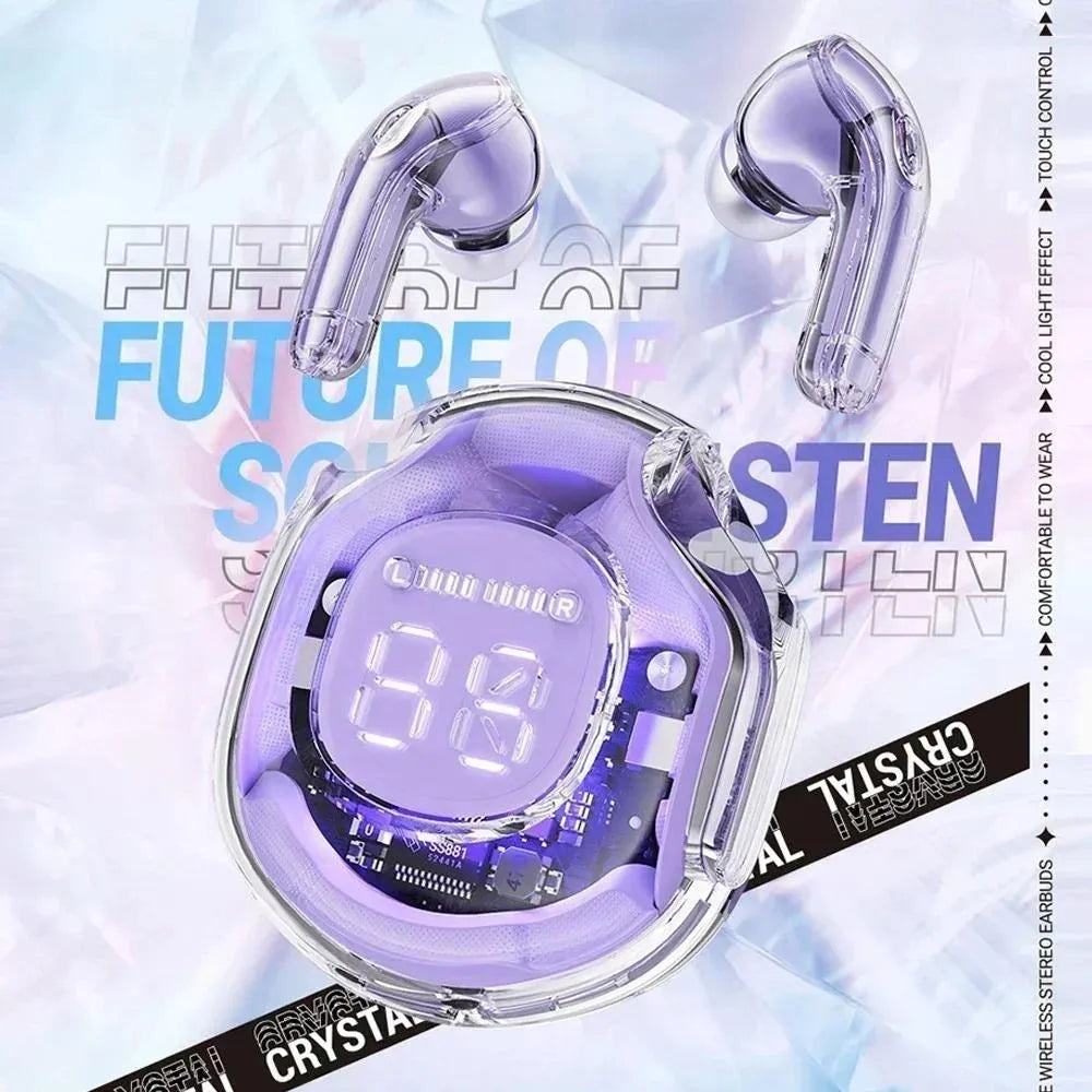 Transparent case wireless Bluetooth headset in five colours: white, black, pink, sky blue, violet.