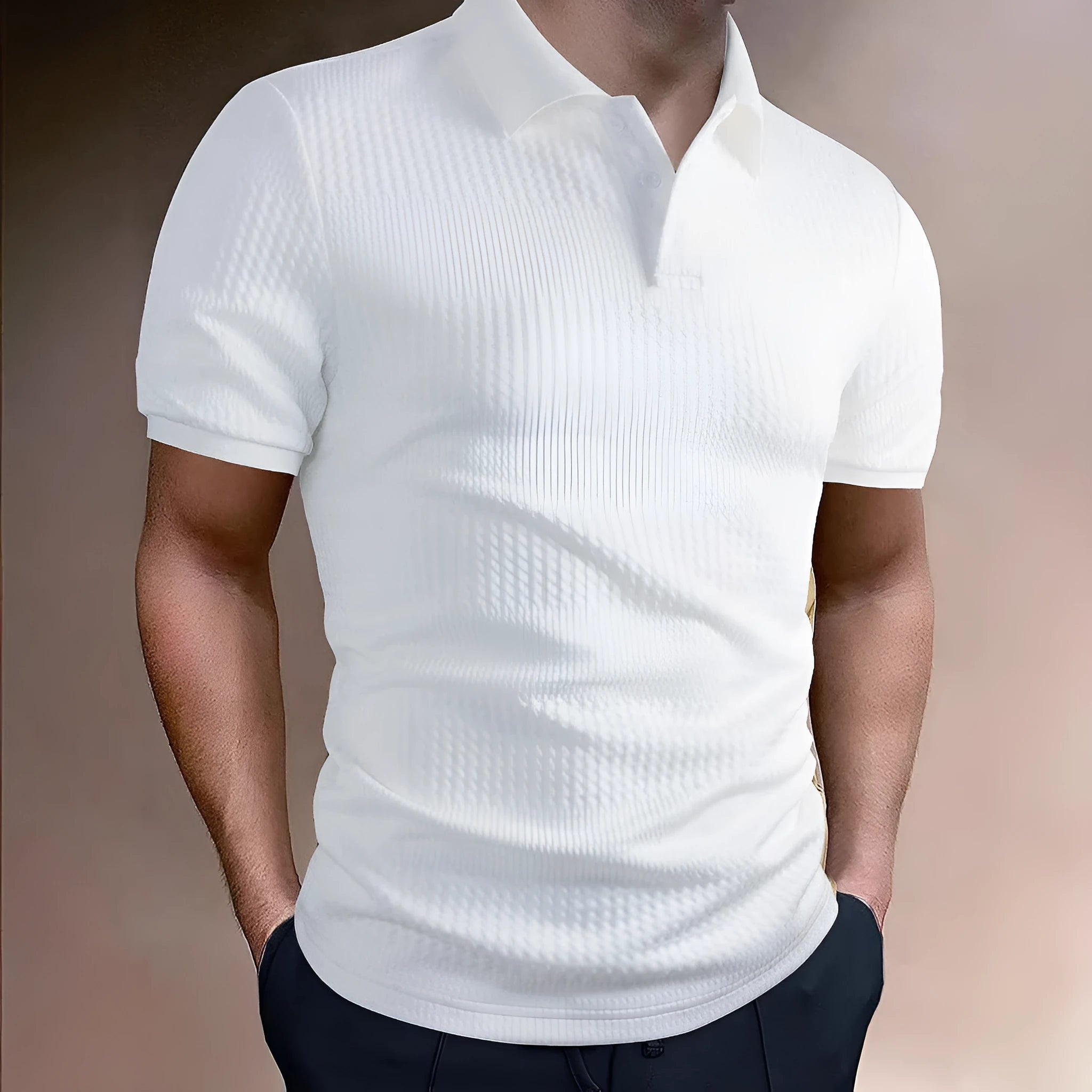 Men's striped loose fit polo shirt in light blue with asymmetric detail and short sleeves