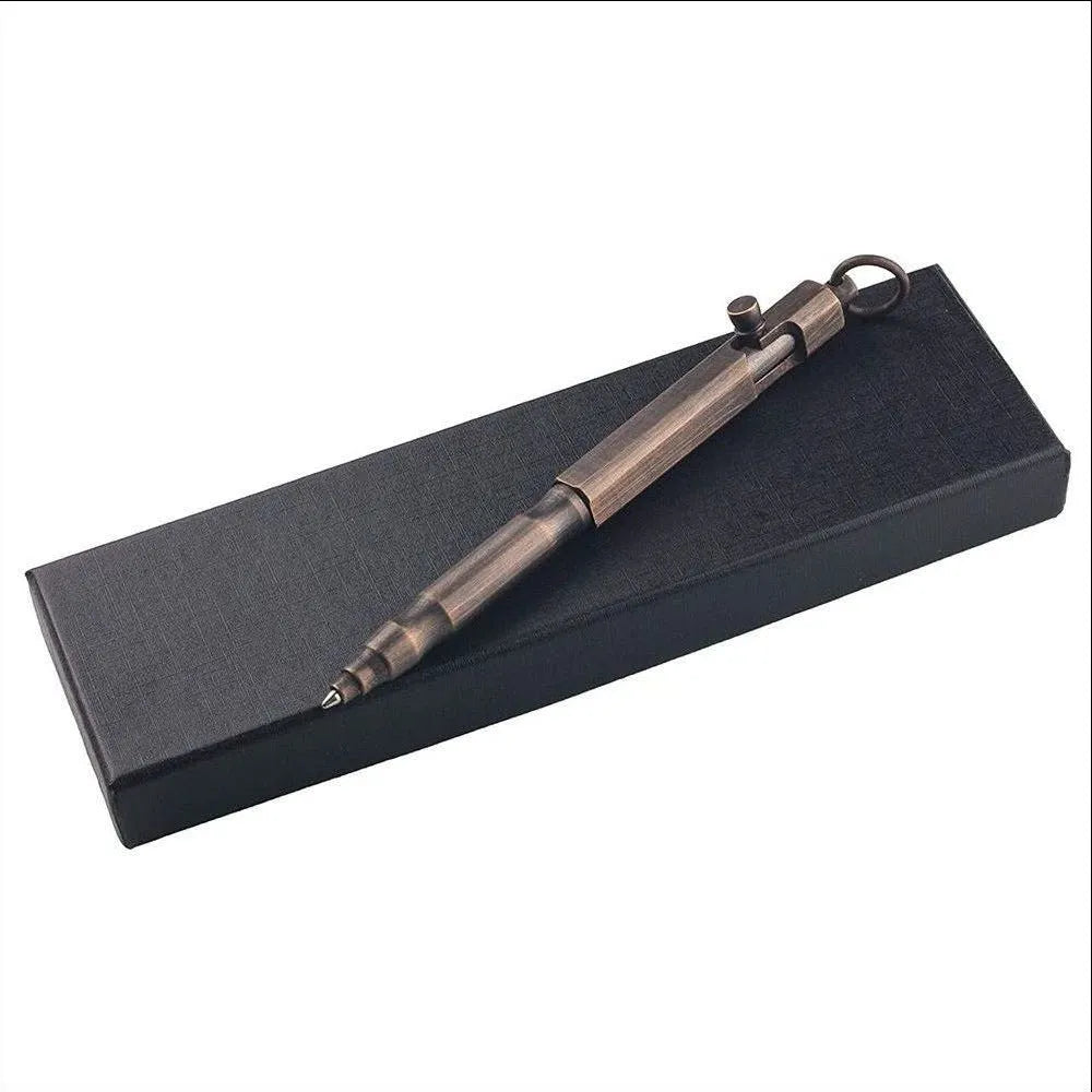 Brass hexagonal bolt-action tactical pen in brass and retro black colours, showing machined details.