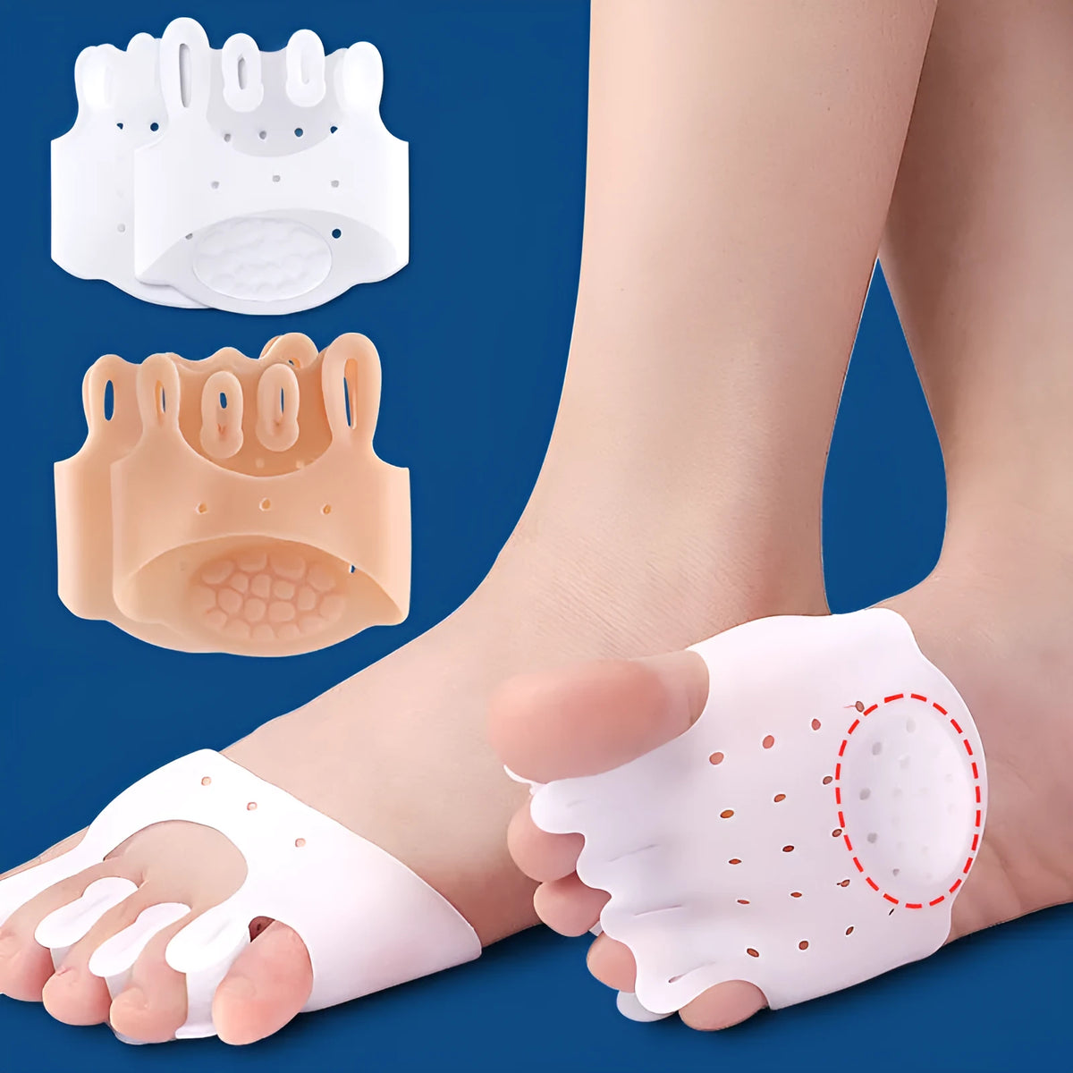 Pair of SEBS hallux valgus toe separators and hand massager pads in white or skin colour, average size