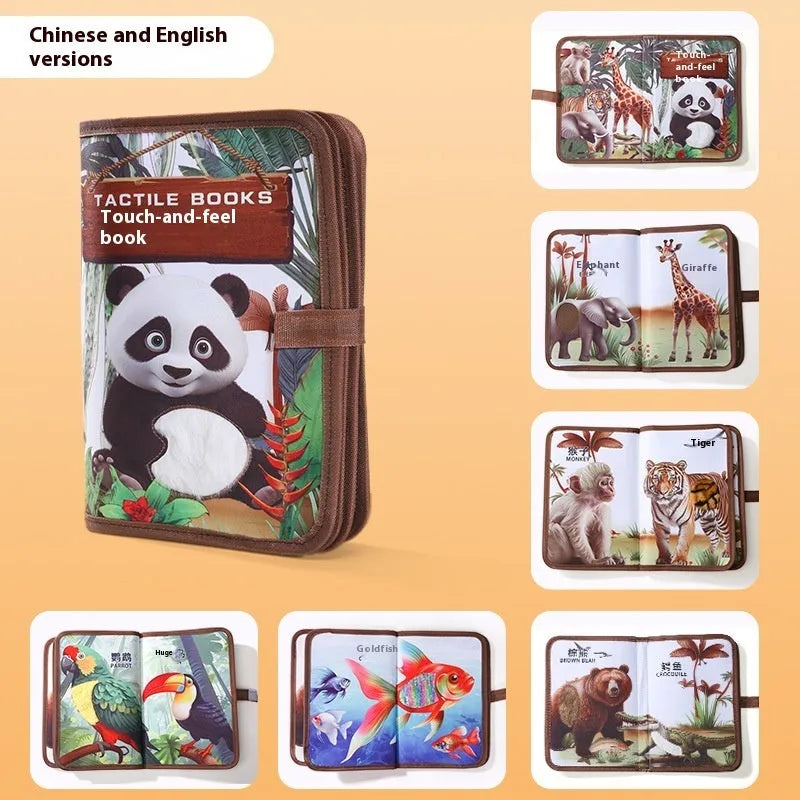 Infant touching textured page of animal sound book with colourful illustrations and button