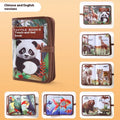 Infant touching textured page of animal sound book with colourful illustrations and button