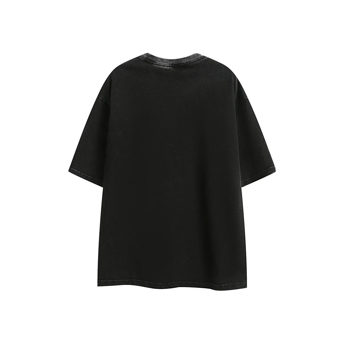 Black and purple loose-fit cotton T-shirt with embroidered design on the front.