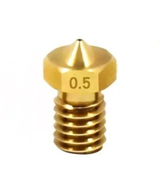 Brass 3D printer nozzle with M6 thread, showing multiple aperture size options.