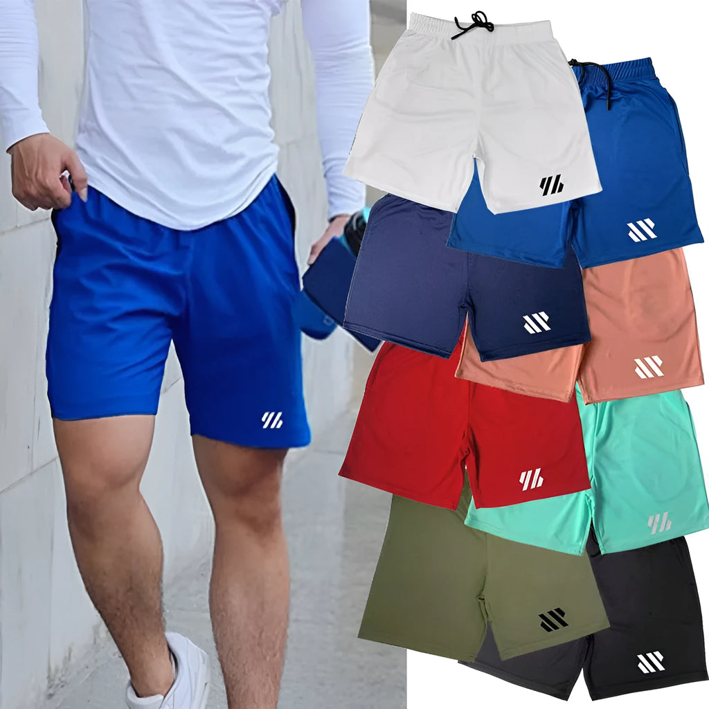 A pair of loose-fitting metal silk sports shorts in sapphire blue, laid flat to show the simple design and no-liner construction.