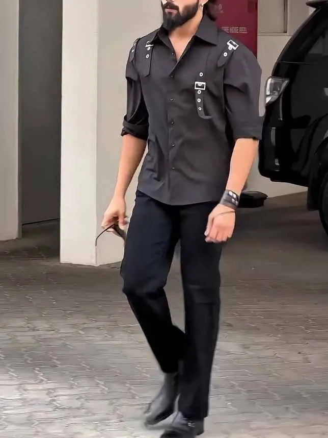 Men's black regular fit button-up shirt made from polyester fabric.