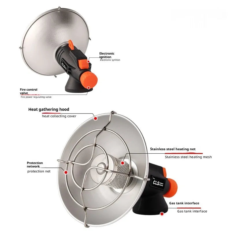 Black and orange portable camping heater stove with automatic ignition on a rocky outdoor surface.