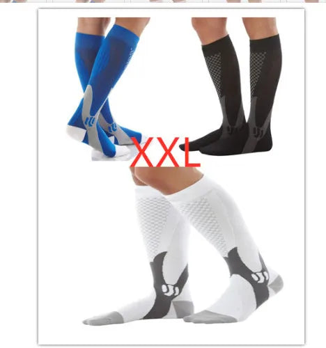 Unisex graduated compression socks in various colours with size measurement details