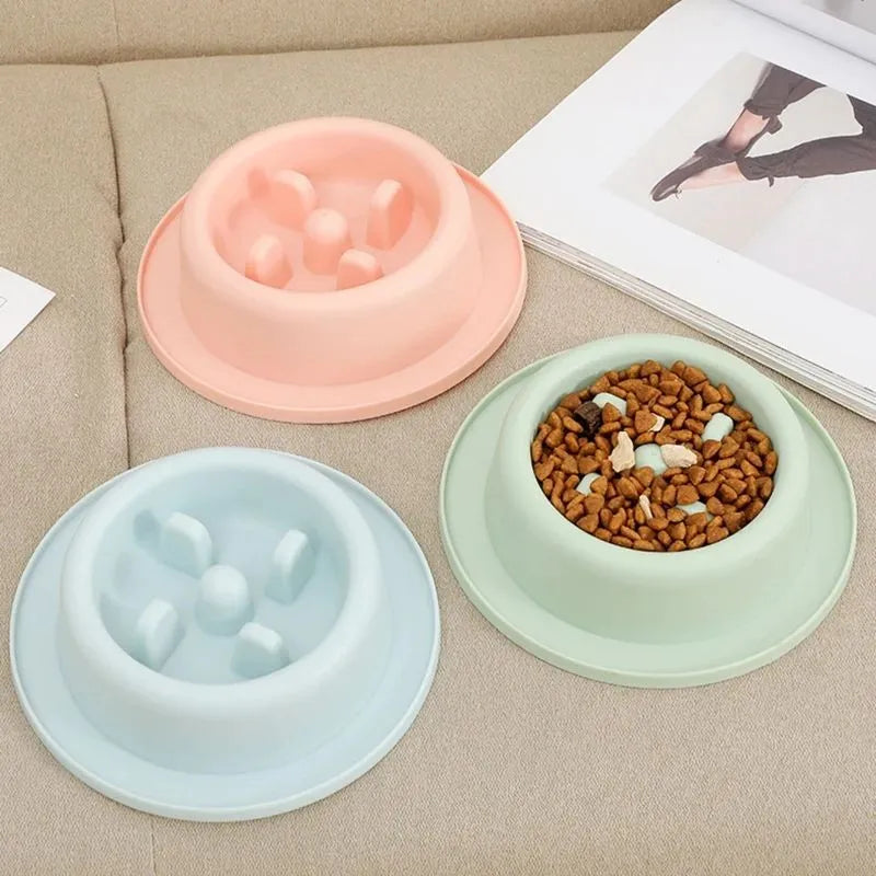 Blue slow feeder dog bowl with raised obstacles and non-slip base for small medium dogs