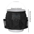 Black cylindrical polyester hanging storage bag fitted on a 5-gallon barrel.