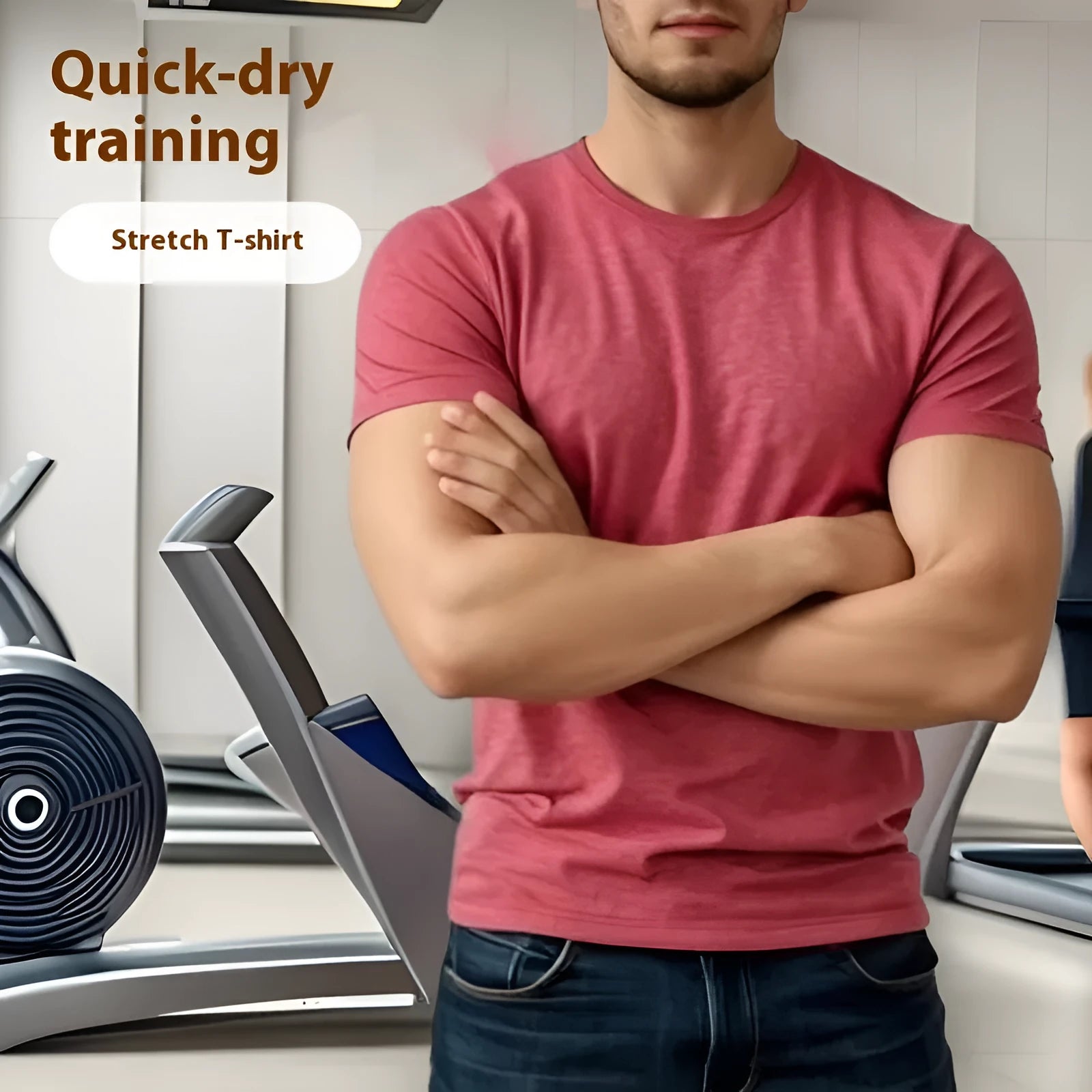 Men's tight stretch round neck short sleeve t-shirt in grey polyester fabric.